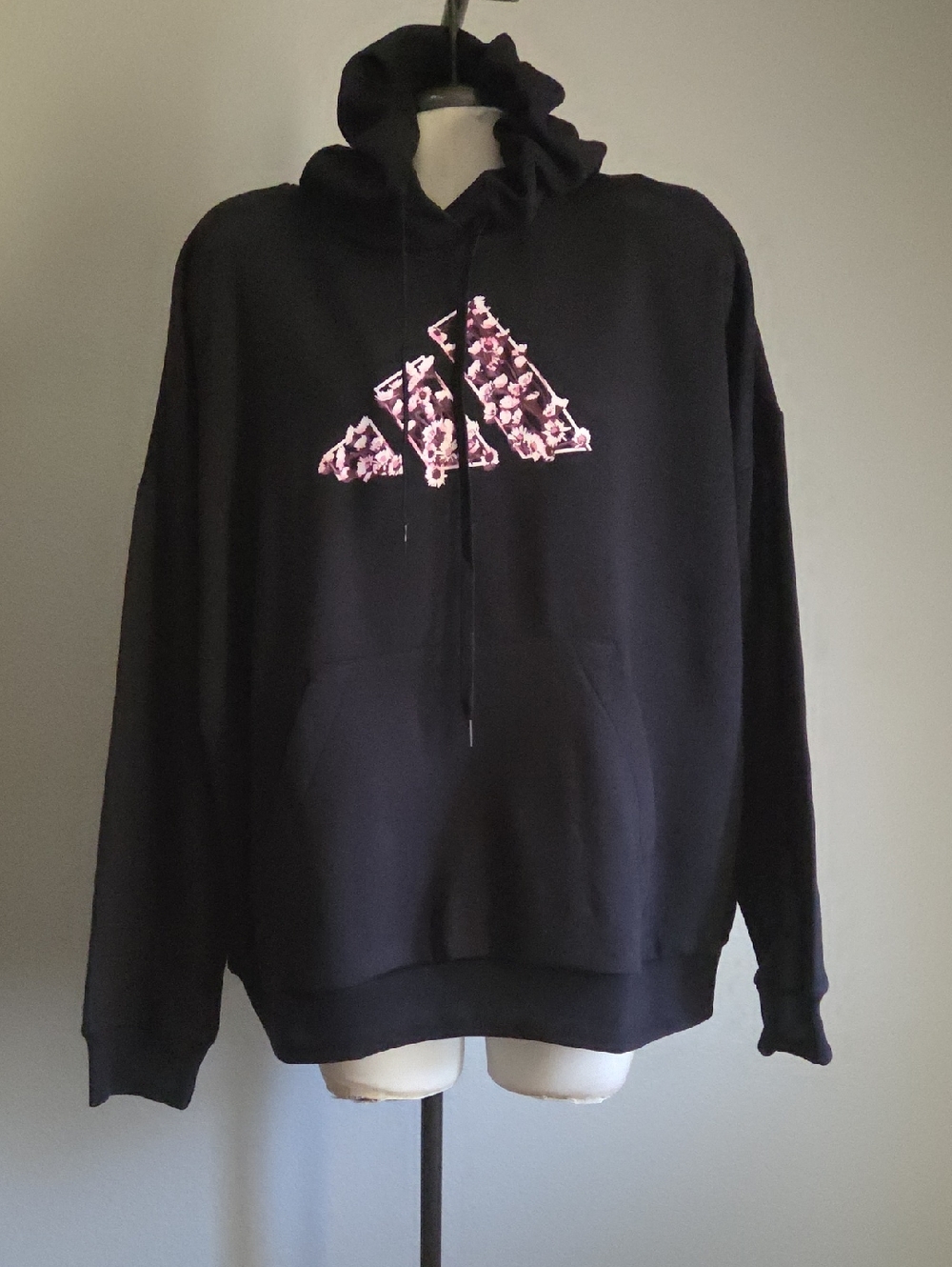 adidas Black Crewneck Hoodie with Pink Floral Trefoil